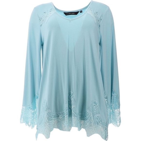 Colleen Lopez Long Bell Sleeve Lace Inset Porcelain Blue XL Blouse - Picture 6 of 13